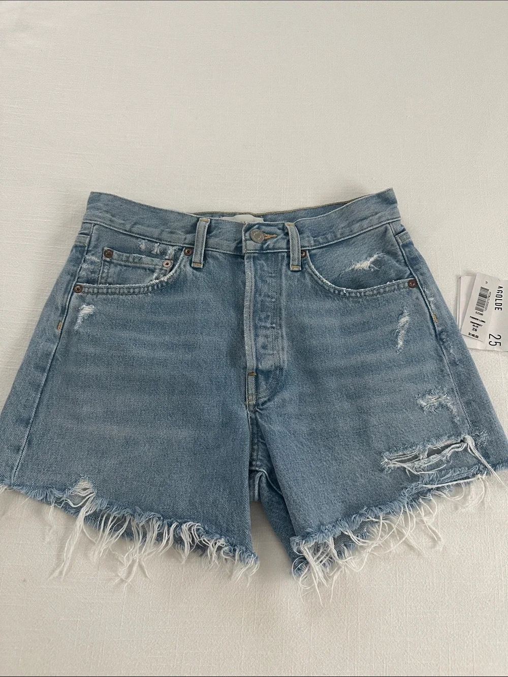 Agolde Parker Long High-Rise Light Blue Distressed Denim Shorts Swapmeet 25